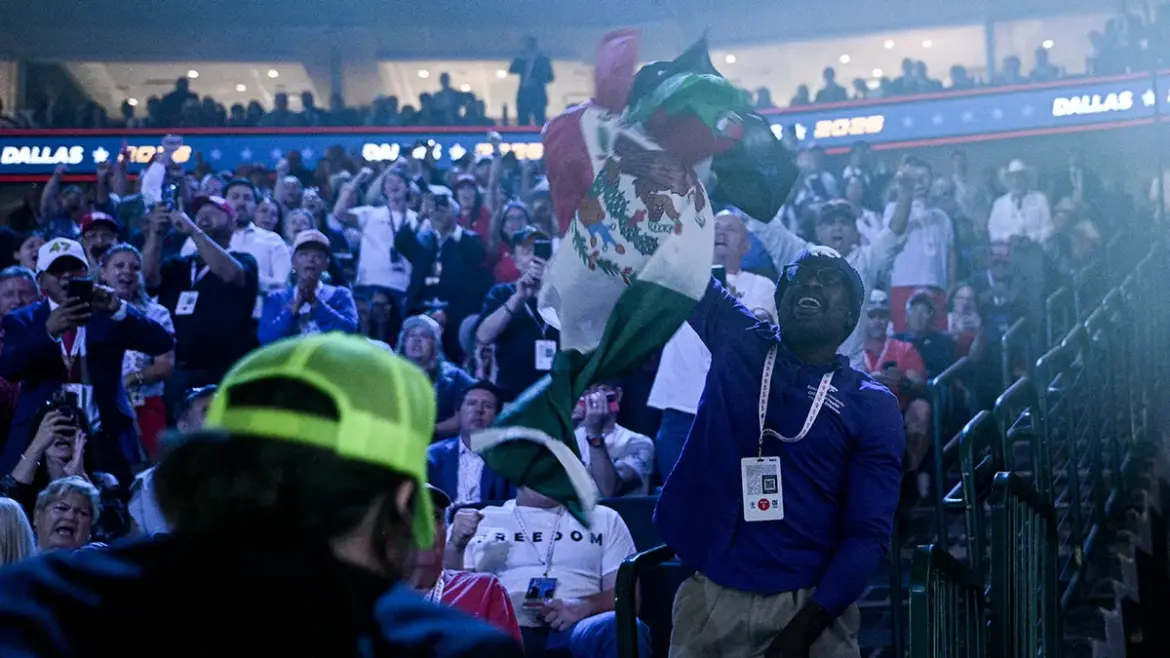 Crowd erupts as Vance smacks down protester waving Mexican flag: ‘Get your a– over there’